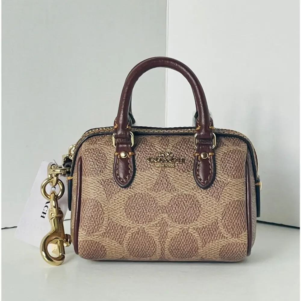 Coach Mini Rowan Bag Charm Brown Signature Canvas Leather Gold CX068